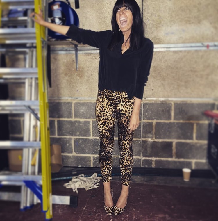 where to get all Claudia Winkleman Strictly outfits leopard print trousers with black shirt leopard court shoes 24 October 2021 Photo Sinead McKeefry