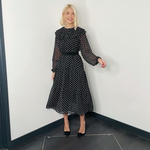 where to get all Holly Willoughby This Morning dresses black white spot ruffle midi dress black court shoes 27 October 2021 Photo Holly Willoughby