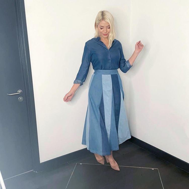 where to get all Holly Willoughby This Morning outfits blue denim panelled skirt denim shirt nude suede court shoes 12 October 2021 Photo Holly Willoughby