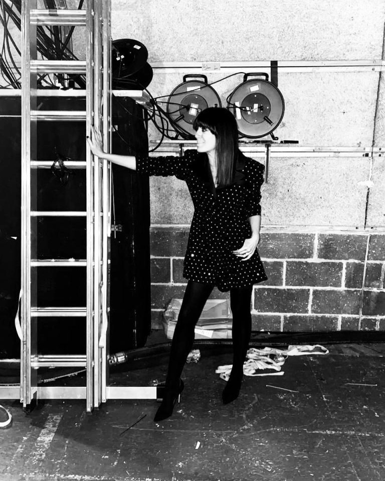 where to get Claudia Winkleman black diamante playsuit satin lapel black court shoes 30 october 2021 Photo Claudia Winkleman