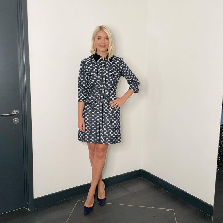 where to get ll Holly Willoughby This morning dresses navy mini drss with bow pattern black suede court shoes 11 October 2021 Photo Holly Willoughby