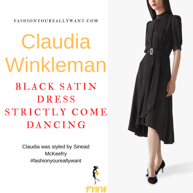 Claudia Winkleman Strictly Come Dancing Week 8 Results November 2021 where to get her outfits black short sleeve satin dress black suede court shoes