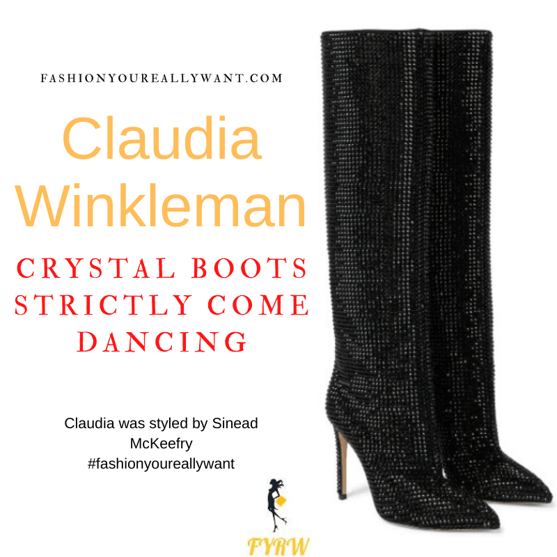 Claudia Winkleman Strictly Come Dancing Week 7 Results November 2021 where to get her outfits black velvet shirt black leggings black crystal boots