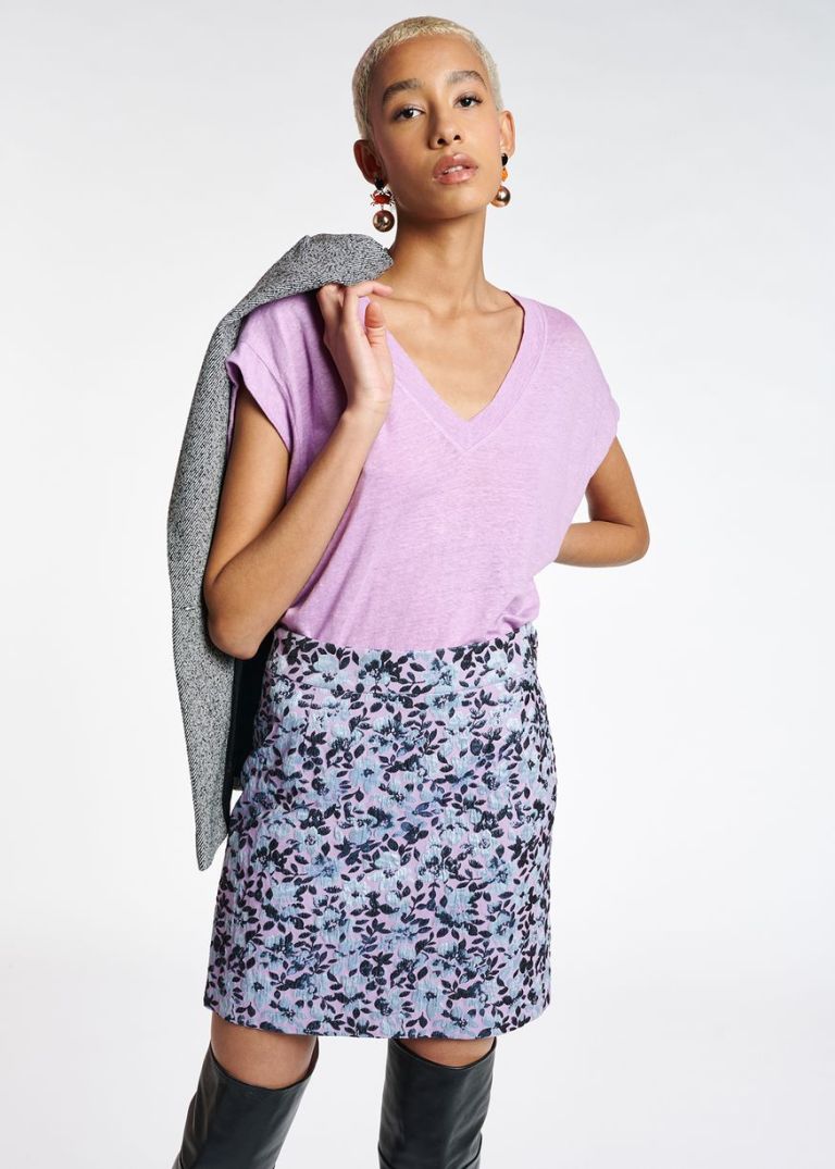 Essentiel Antwerp Lilac mini skirt with metallic floral motif