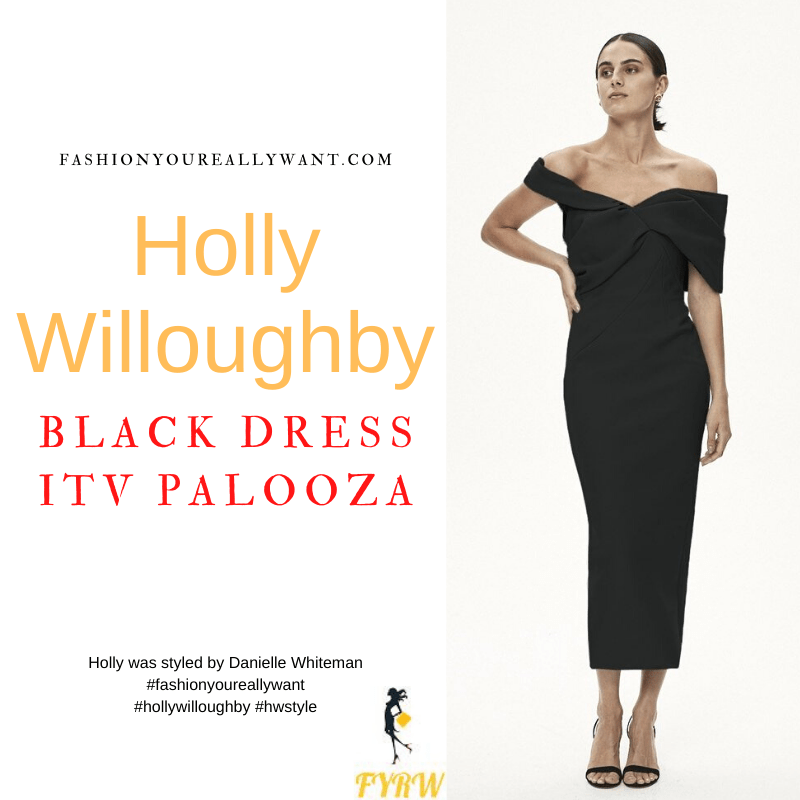 Where to get all Holly Willoughby outfits dresses blog November 2021 ITV Palooza black off the shoulder dress black and clear court shoes