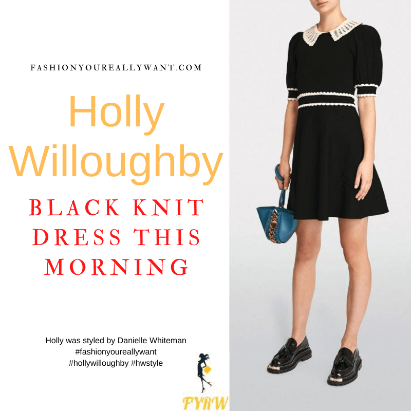 Where to get all Holly Willoughby This Morning outfits dresses blog November 2021 black knit dress short sleeves white trim white crochet collar black court shoes