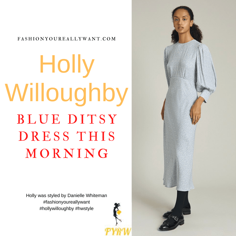 Where to get all Holly Willoughby This Morning outfits dresses blog November 2021 blue ditsy midi dress nude suede court shoes