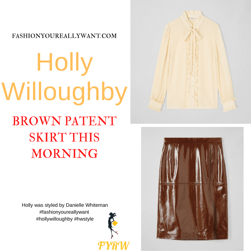 Where to get all Holly Willoughby This Morning outfits dresses blog November 2021 brown patent leather skirt cream scallop blouse nuded suede court shoes