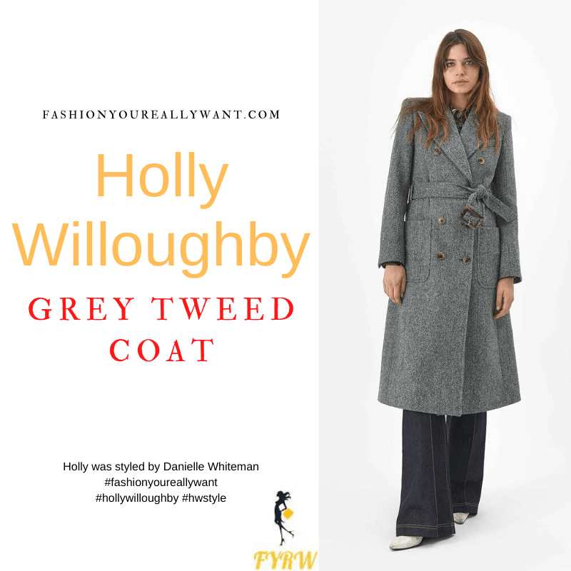 Where to get all Holly Willoughby outfits dresses blog November 2021 grey tweed coat ivory shirt black leather midi skirt black heart necklace