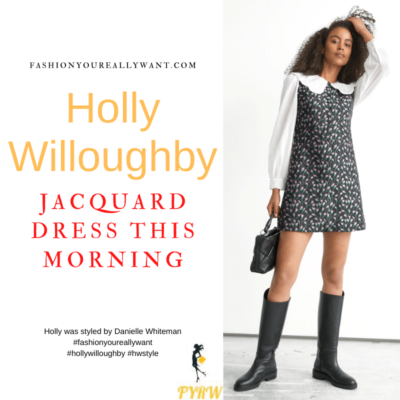 Where to get all Holly Willoughby This Morning outfits dresses blog November 2021 blue embroidered jacquard dress white collar and sleeves black suede court shoes