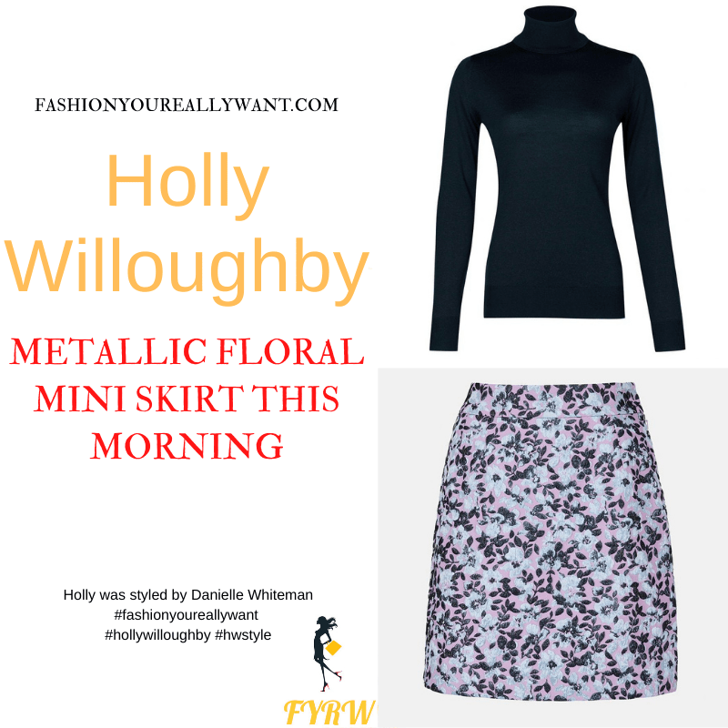 Where to get all Holly Willoughby This Morning outfits dresses blog November 2021 blue lilac metallic mini skirt blue black polo neck blue black suede court shoes