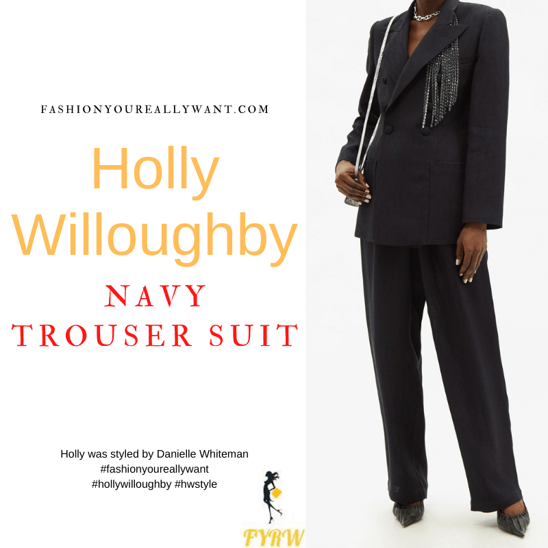 Where to get all Holly Willoughby Wylde Moon outfits dresses blog November 2021 navy double breasted trouser suit polka dot court shoes