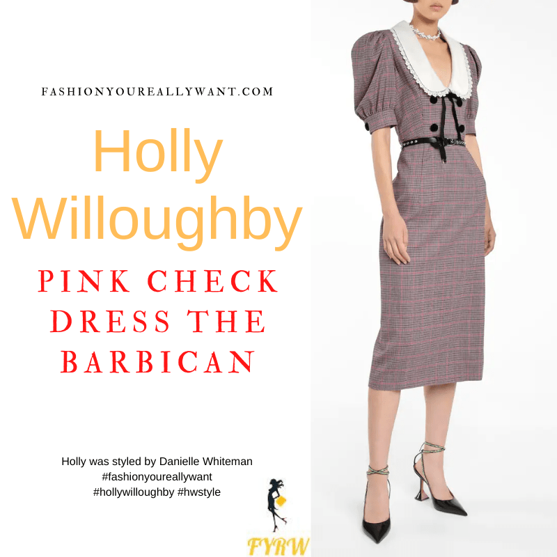 Where to get all Holly Willoughby The Barbican outfits dresses blog November 2021 pink check midi dress with white collar black strap shoes