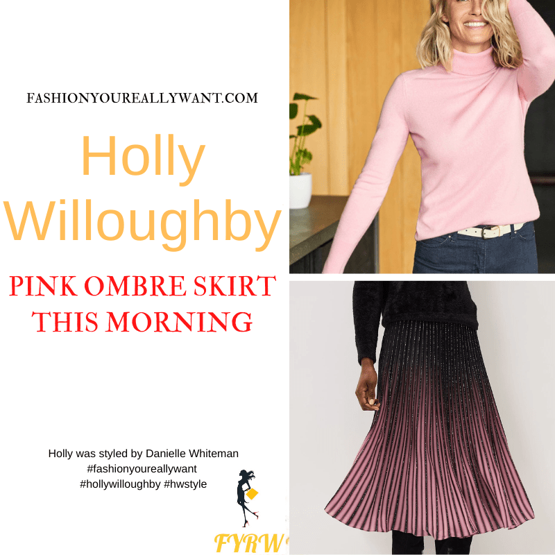 Where to get all Holly Willoughby This Morning outfits dresses blog November 2021 pink and black ombre pleated skirt pink knit black suede court shoes