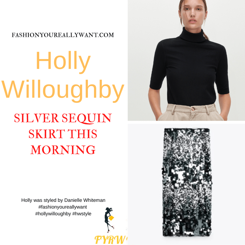 Where to get all Holly Willoughby This Morning outfits dresses blog November 2021 silver sequin skirt black short sleeve knit satin court show with buckle