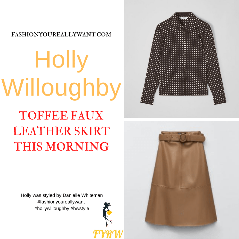 Where to get all Holly Willoughby This Morning outfits dresses blog November 2021 light brown toffee faux leather skirt brown polka dot shirt nude suede court shoes