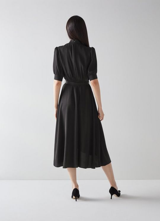 LK Bennett Violet Black Satin Crepe Crystal Buckle Midi Dress back view