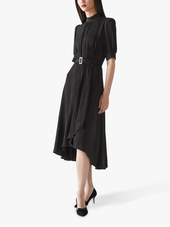 LK Bennett Violet Black Satin Crepe Crystal Buckle Midi Dress