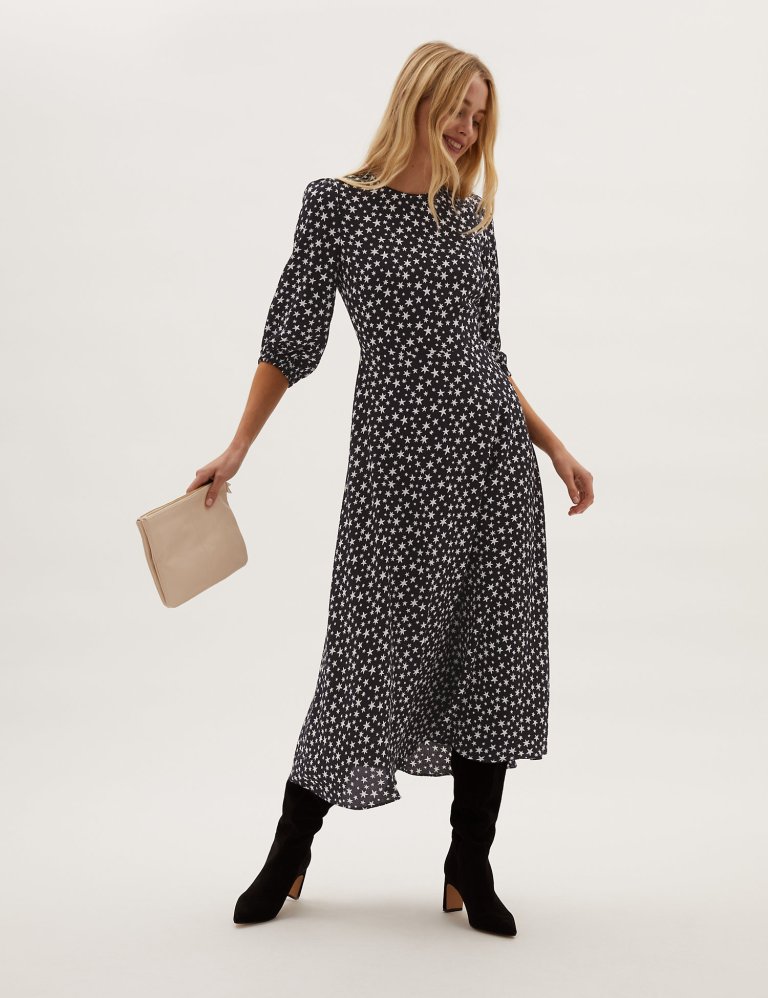 M&amp;S Star Print Round Neck Midaxi Tea Dress