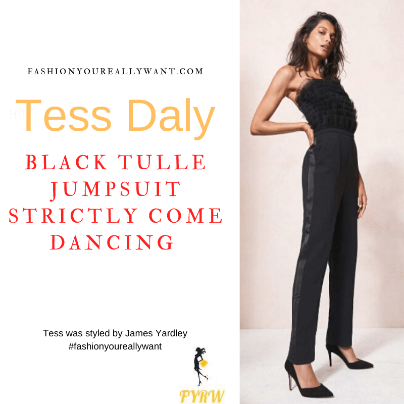 Tess Daly Strictly Come Dancing Week 10 Results November 2021 where to get her outfits black bandeau strapless tulle jumpsuit black court shoes