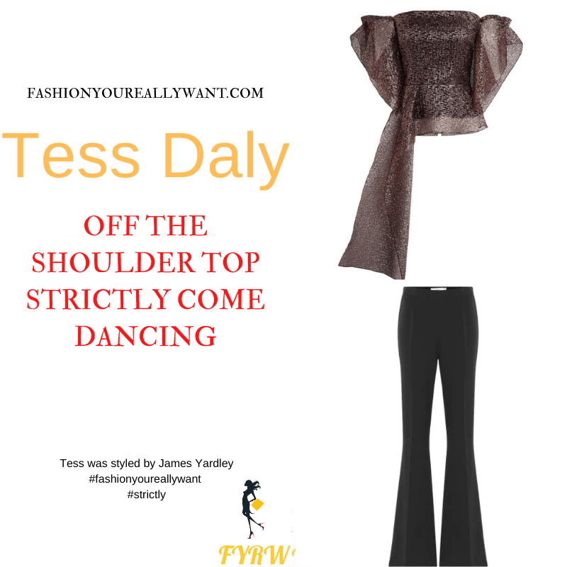 Tess Daly Wore This on Strictly Come Dancing Week 7 Results November 2021 where to get her outfits pink purple metallic off the shoulder top black flares