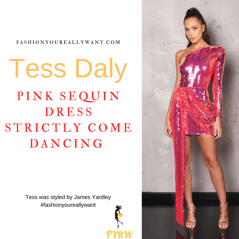 Tess Daly Strictly Come Dancing Week 9 November 2021 where to get her outfits pink sequin one sleeve mini dress nude sandals