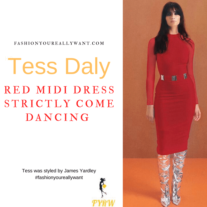 Tess Daly Strictly Come Dancing Week 10 November 2021 where to get her outfits red midi dress with silver buckles red sandals