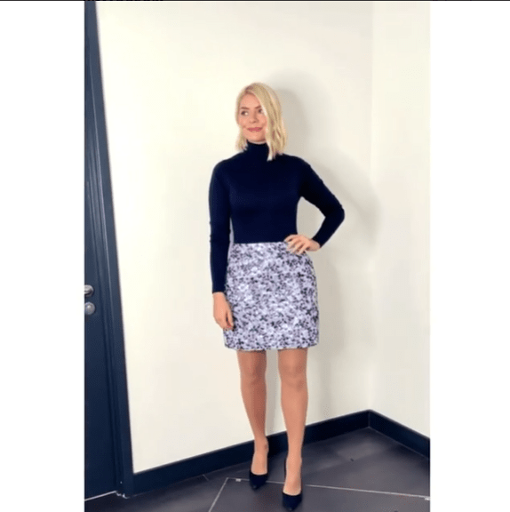 where to get all Holly Willoughby This Morning outits blue polo neck blue tweed mini skirt blue suede court shoes 10 November 2021 Photo Holly Willoughby