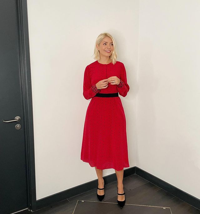 where to get al Holly Willoughby This Morning dresses red and black spot dress black strap shoes 8 November 2021 Photo Holly Willoughby