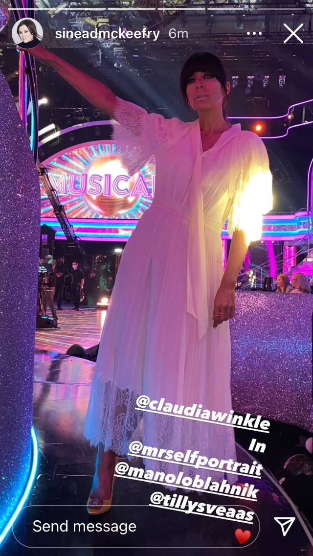 where to get all Claudia winkleman strictly dresses cream lace tiered dress yellow satin buckle court shoes 21 November 2021 Photo Sinead McKeefry