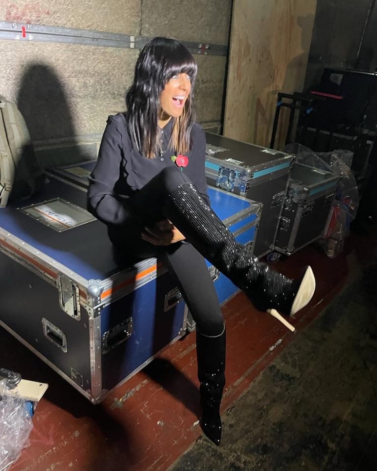 where to get all Claudia Winkleman Strictly outfits black velvet shirt black leggings black crystal boots 7 November 2021 Photo Caludia Winkleman