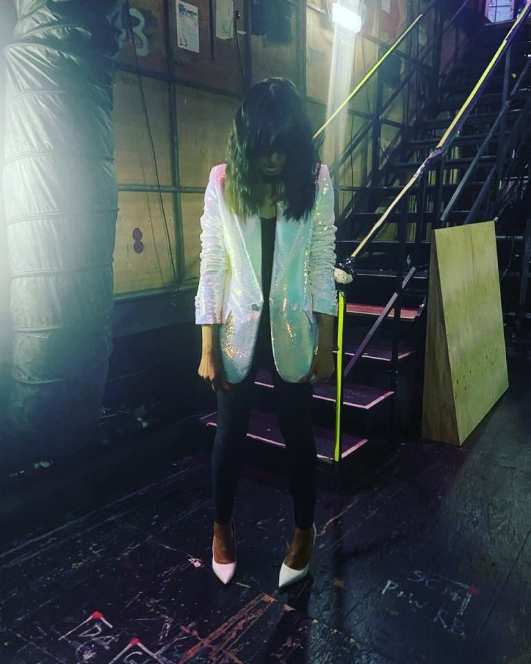 where to get all Claudia winkleman strictly outfits white sequin black black top black leggings white court shoes 27 November 2021 Photo Claudia Winkleman