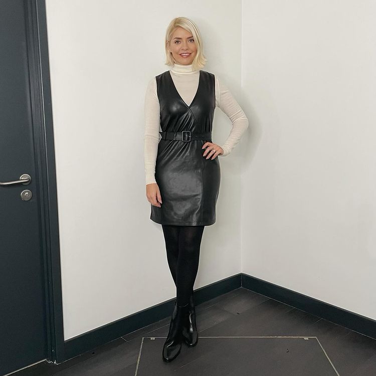 where to get all Holly Willougby This Morning outfits black faux leather mini dress black ankle boots cream knit 25 November 2020 Photo Holly Willoughby