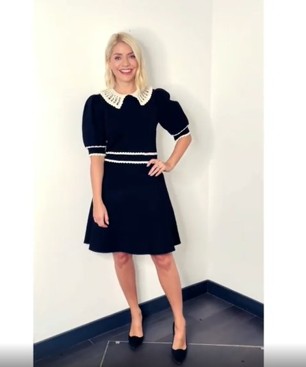 where to get all Holly Willoughby This Morning dresses black short sleeve dress white collar black court shoes 9 November 2021 Photo Holly Willoughby