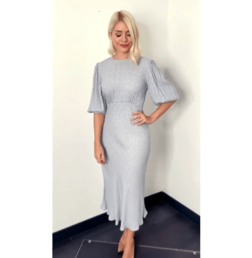 where to get all Holly Willoughby This Morning dresses blue ditsy midi dress nude suede court shoes 11 Novembaer 2021 Photo Holly Willoughby