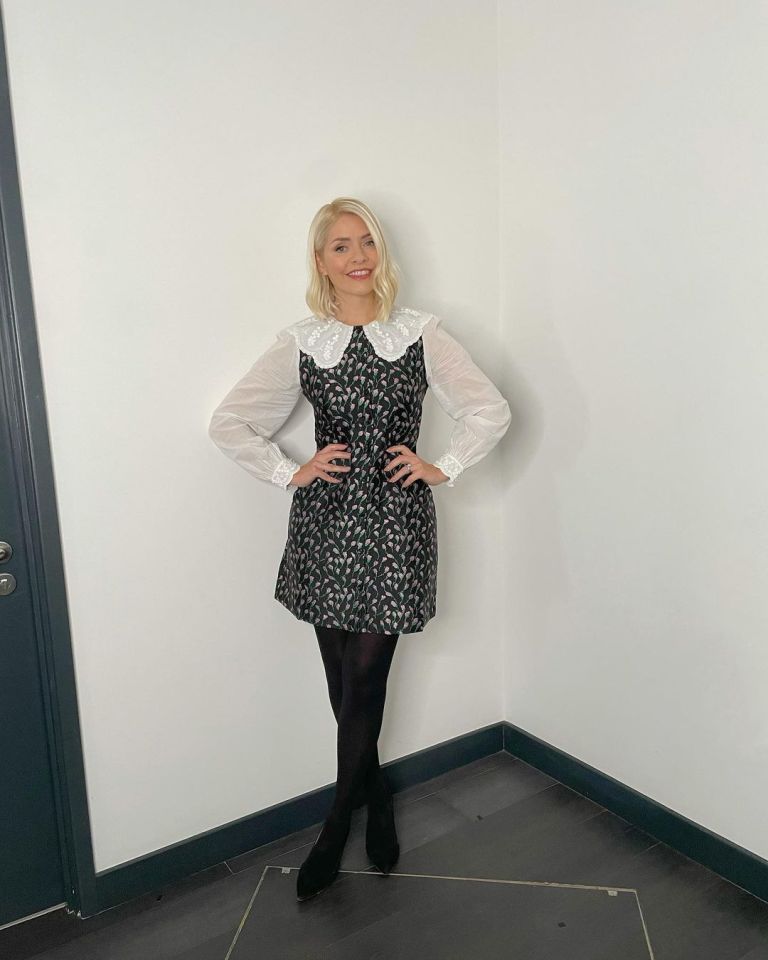 where to get all Holly Willoughby This Morning outfits black jacqurd dress white sleeves and collar black suede court shoes 22 November 2021 Photo Holly Willoughby