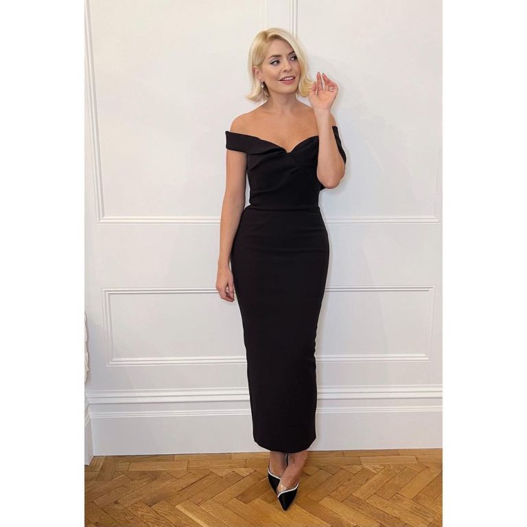 where to get Holly Willoughby ITV Palooza black off the shoulder gown black and clear court shoes 23 November 2021 Photo Holly Willoughby