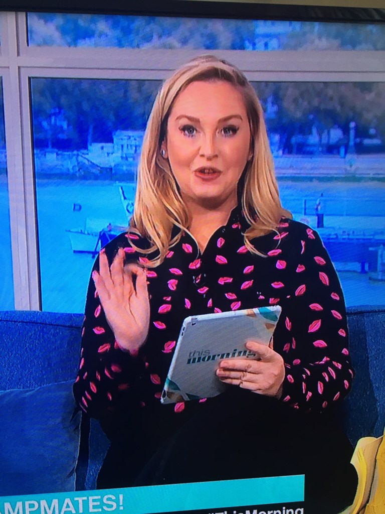 where to get Josie Gibson This Morning outfits black and pink lip print shirt 16 November 2021 Photo ITV