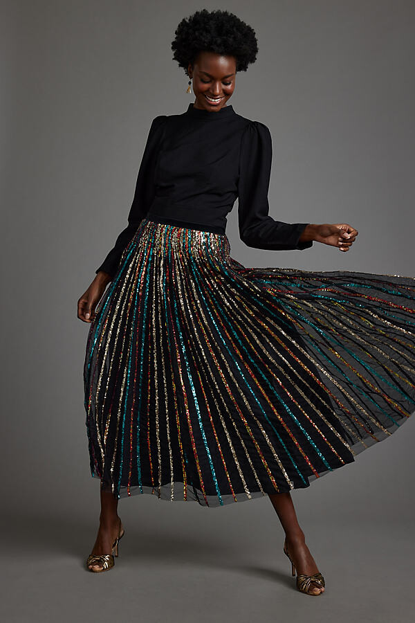 Anthropologie Geisha Designs Sequin-Embellished Striped Maxi Skirt