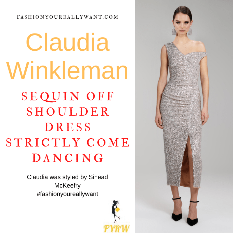 Claudia WinklemanStrictly Come Dancing Final December 2021 where to get her outfits silver sequin off the shooulder dress nude suede court shoes