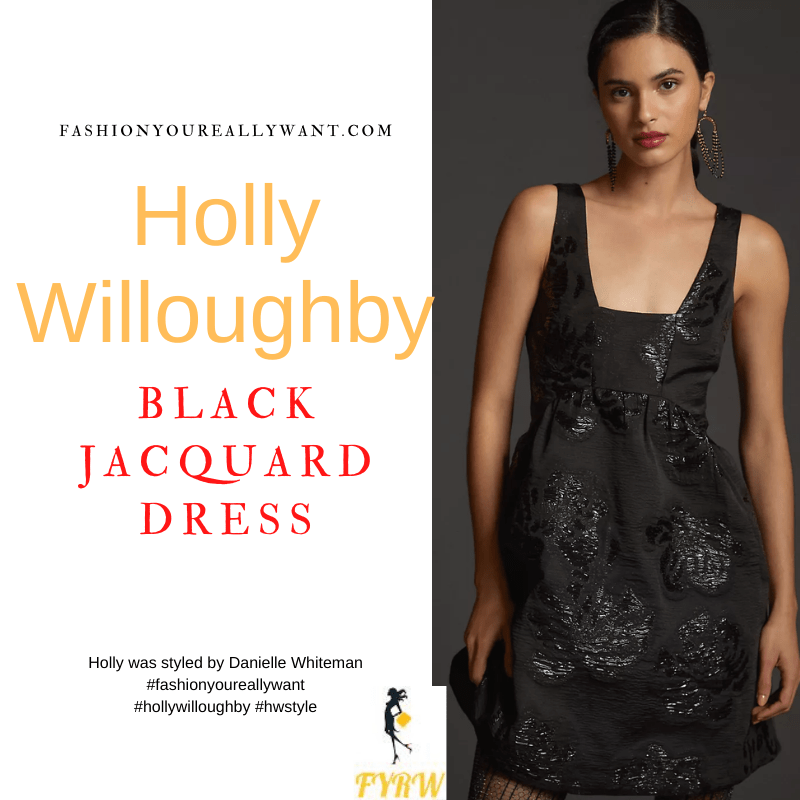 Where to get all Holly Willoughby Wylde Moon jewellery blog December 2021 Kirstie Le Marque black jacquard mini dress cream blouse horeshoe necklace moonstone huggie earrings