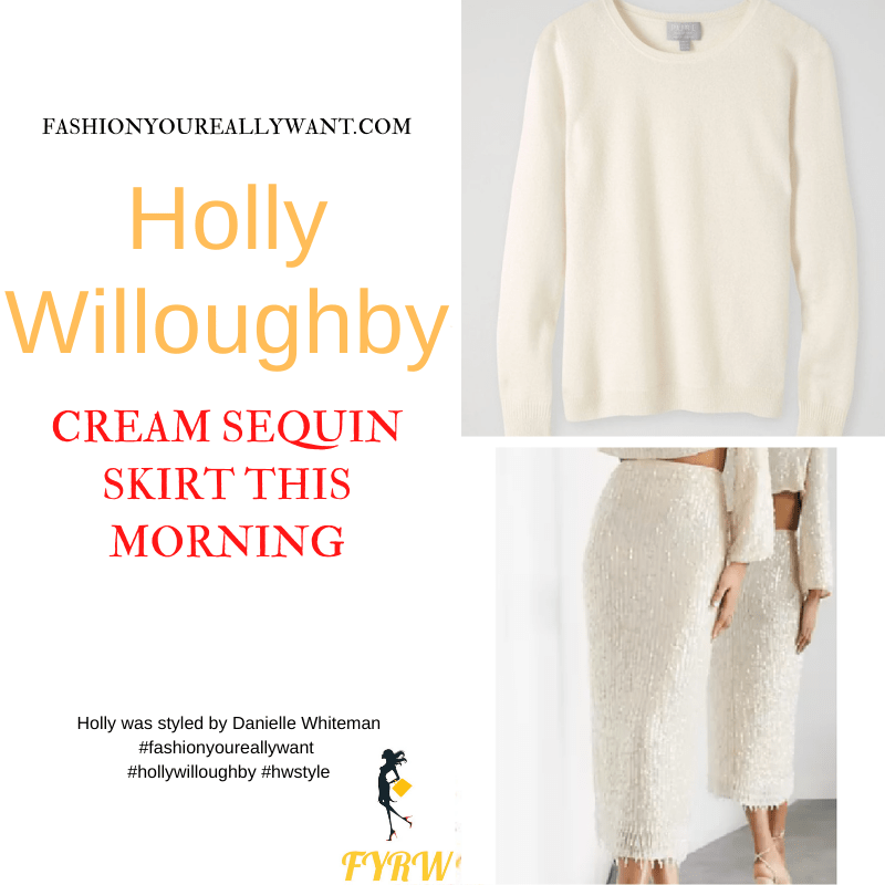Where to get all Holly Willoughby This Morning outfits dresses blog December 2021 cream sequin midi skirt cream knit pink slingback with crystal bow