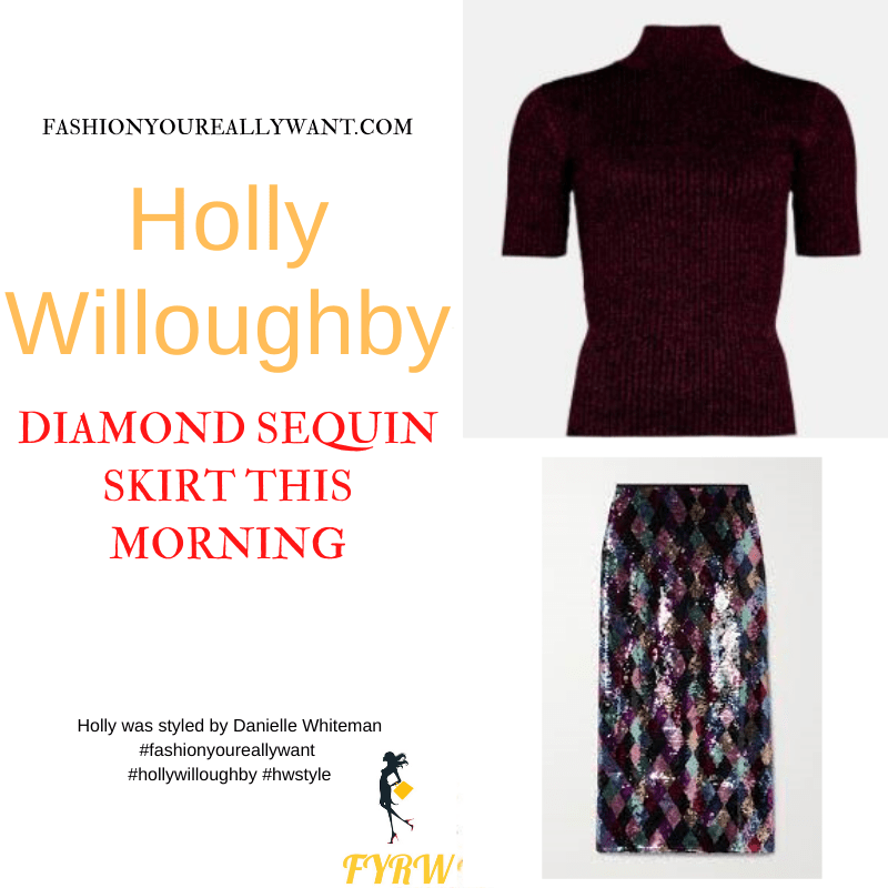 Where to get all Holly Willoughby This Morning outfits dresses blog December 2021 diamond harlequin sequin skirt pink purple glitter short sleeve knit black satin court shoes with buckle