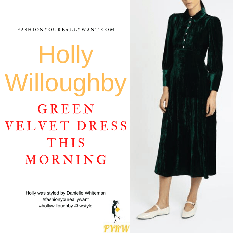 Where to get all Holly Willoughby This Morning outfits dresses blog December 2021 green velvet midi dress green bow black satin court shoes with buckle