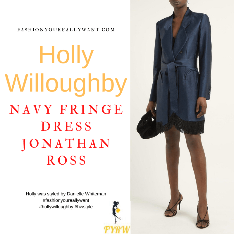 Where to get all Holly Willoughby Jonathan Ross outfits dresses blog December 2021 navy tassel fringe tux blazer dress moon star heart necklaces black sandals