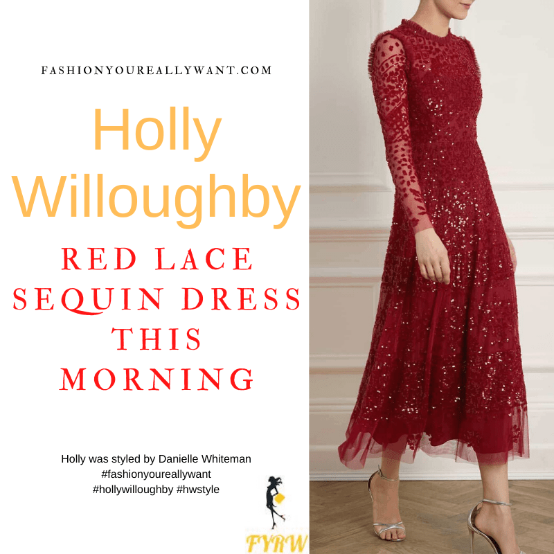 Where to get all Holly Willoughby This Morning outfits dresses blog December 2021 red lace sequin midi dress knot front suede court shoes