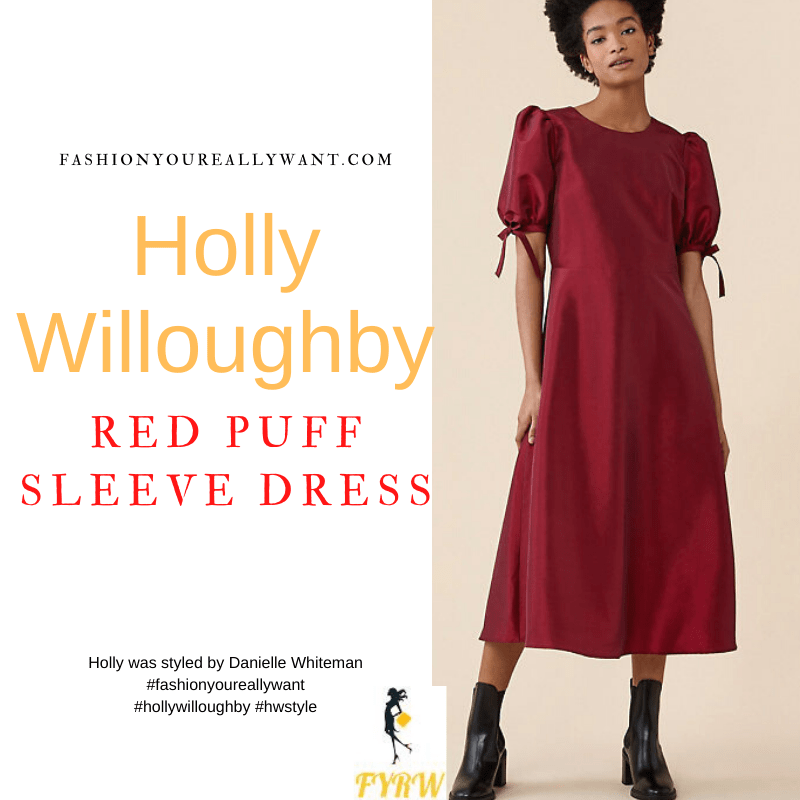 Where to get all Holly Willoughby Wylde Moon jewellery blog December 2021 Kirstie Le Marque clear heart necklace red taffetta dress puff sleeves