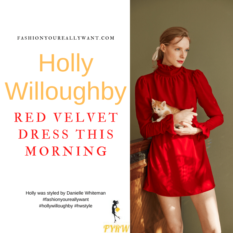 Where to get all Holly Willoughby This Morning outfits dresses blog December 2021 red velvet frill cuff mini dress black satin court shoes with buckle