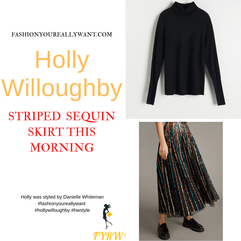 Where to get all Holly Willoughby This Morning outfits dresses blog December 2021 black sequin strioed maxi skirt black knit black Mary Jane shoes