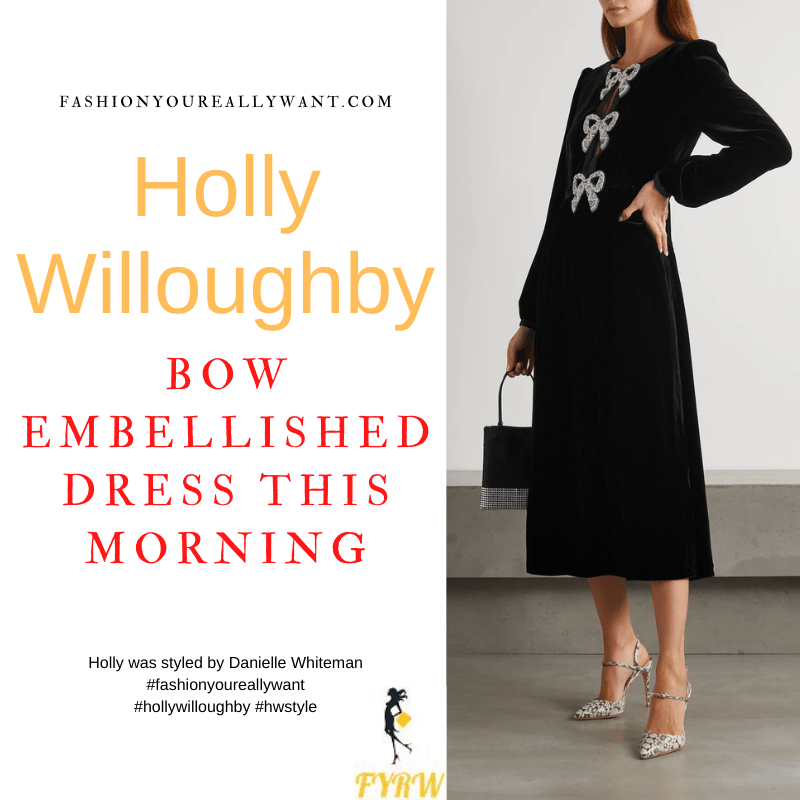 Where to get all Holly Willoughby This Morning outfits dresses blog December 2021 blak velvet midi dress wth crystal bows black satin court shoe with buckle